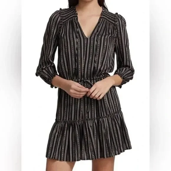 Paige Kaylynn Mini Black Multi Dress Striped Pleated V-Neck Blouse Size S - Picture 7 of 12